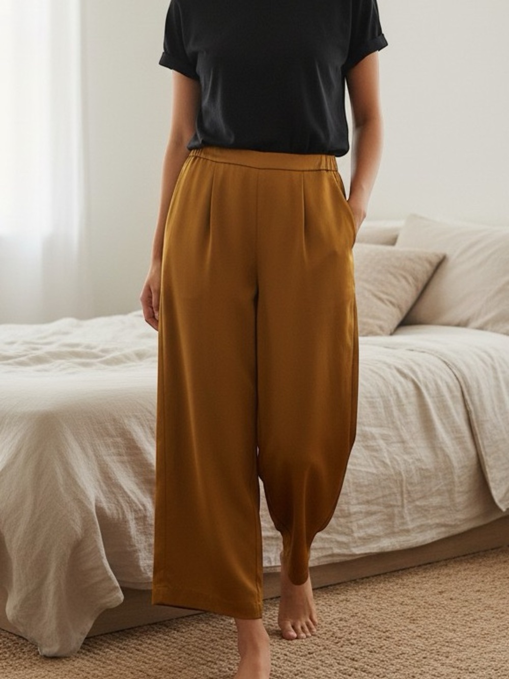 Nap Loungewear Satin Wide Leg High Waisted Pants Pajama Bottoms Amber Golden M